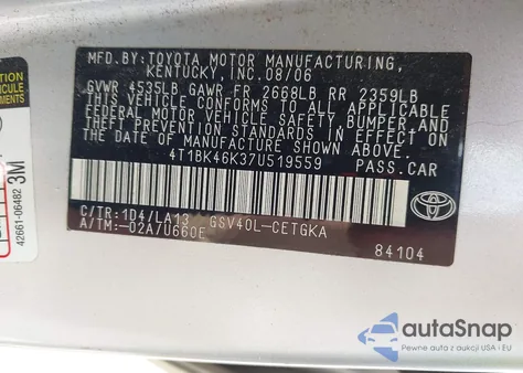 2007 Toyota Camry Xle V6 z USA, uszkodzony, nr VIN 4T1BK46K37U519559